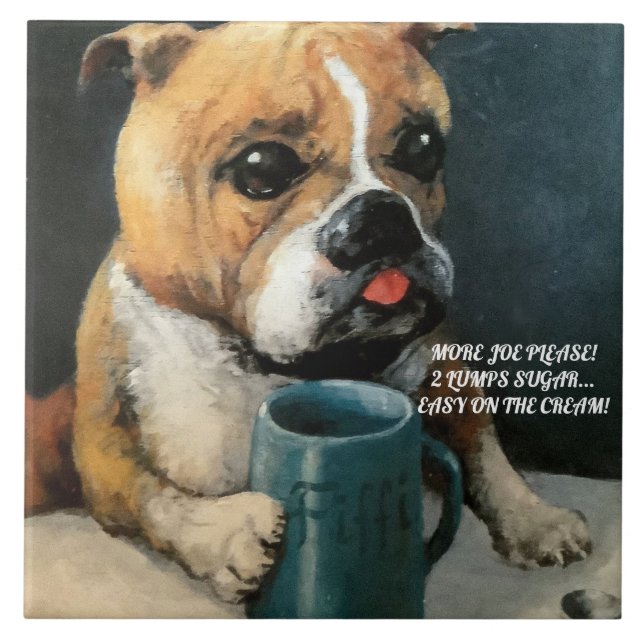 Medium Ceramic Tile Adsible Hund Drinking Joe! Kakelplatta (Framsidan)