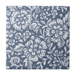 Medium Denim Blue Flower Blommigt Löv Mönster Kakelplatta