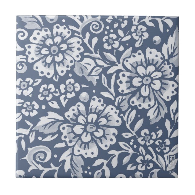 Medium Denim Blue Flower Blommigt Löv Mönster Kakelplatta (Framsidan)