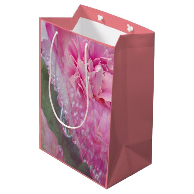 Medium Gift Bag-rosa för koraller, gräs och peonym (Baksidan Vinklad)