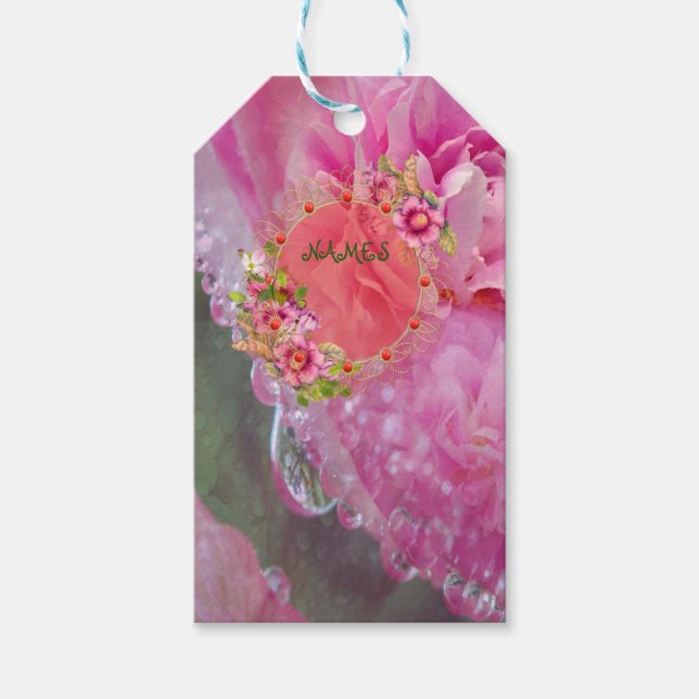 Medium Gift Bag-rosa för koraller, gräs och peonym Presentetikett (Framsidan)