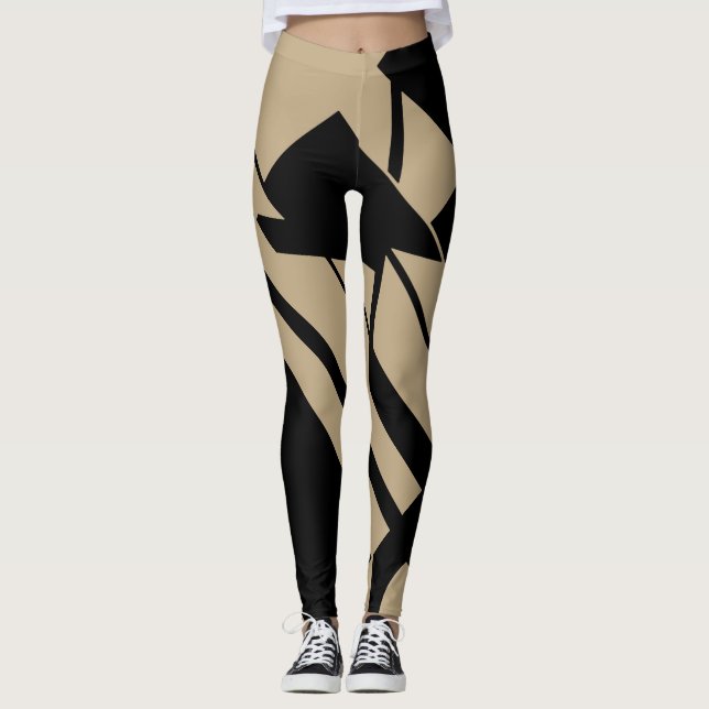 Medium-tan, svart geometrisk abstrakt designleggin leggings (Framsida)