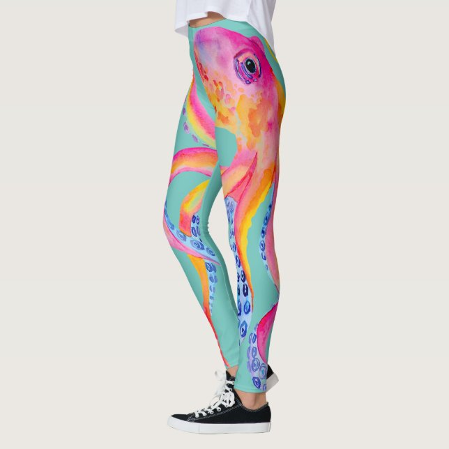 Medium Teal Octopus Watercolor Leggings (Vänster)