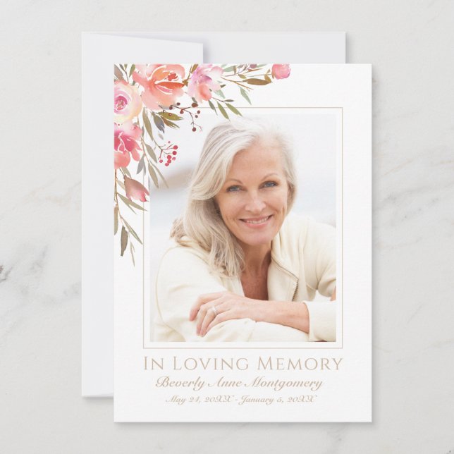 Medkänsla Elegant Rosa Blommig Ros Foto Begravning Tack Kort (Framsida)