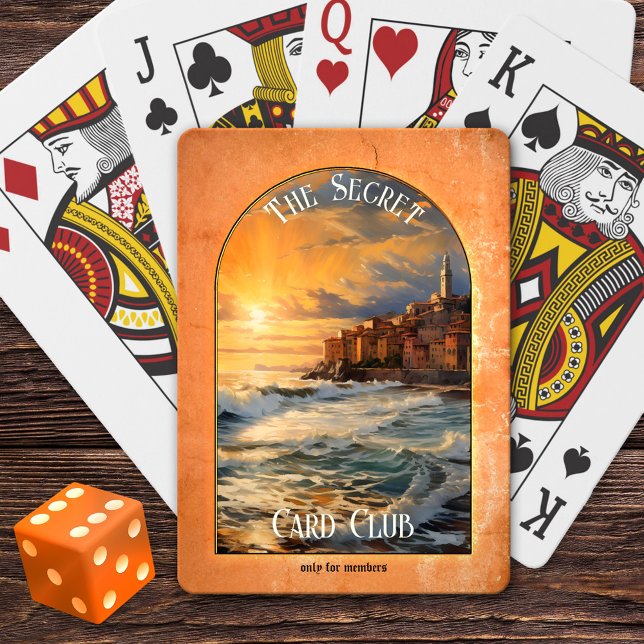 Medlemmar i hemlig Klubb spelar endast upp kort Casinokort (Playing cards featuring an Italian coast painting at sunset in terra cotta colors)