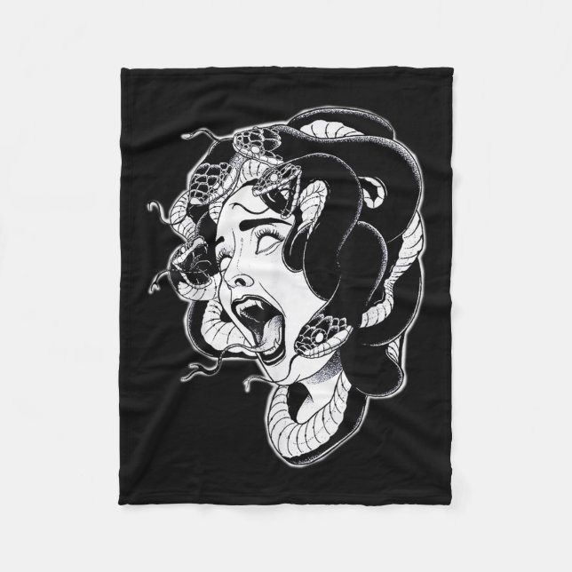 Medusa Blackwork Tattoo Flash Fleecefilt (Framsidan)