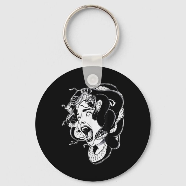 Medusa Blackwork Tattoo Flash Nyckelring (Framsida)