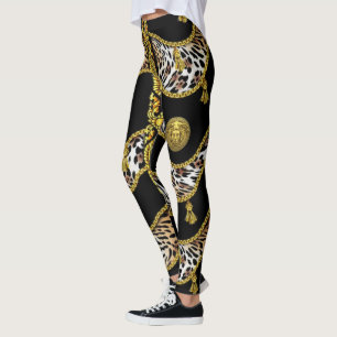Medusa Exotica Leopard och Guld Tassel Black Leggings