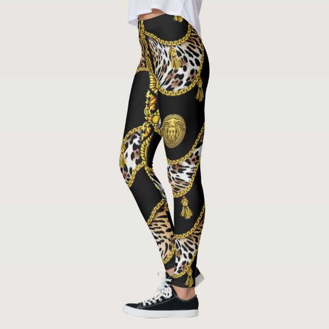 Medusa Exotica Leopard och Guld Tassel Black Leggings (Vänster)