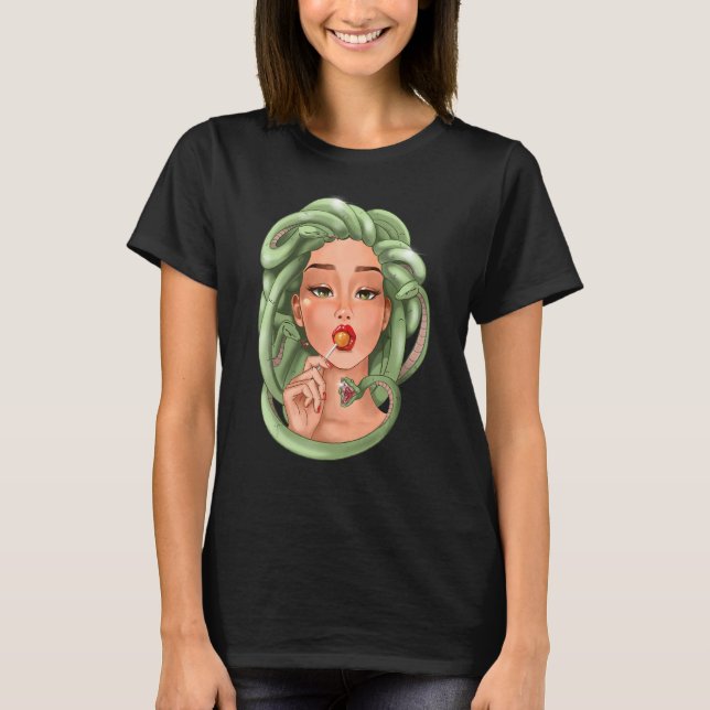 Medusa Gorgon Woman med Lollipop Snakes Reptiles T Shirt (Framsida)