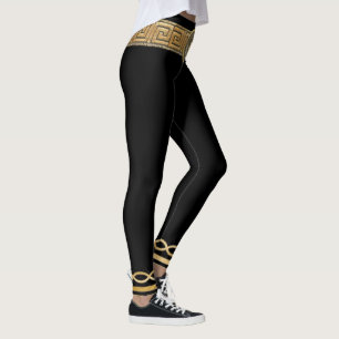 Medusa Grekisk Nyckel Basic Guld på Svart Designer Leggings