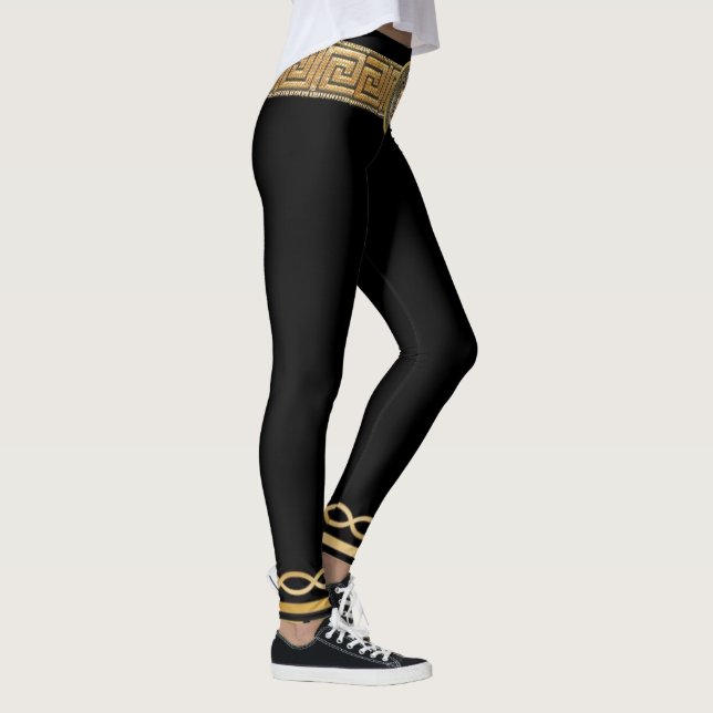 Medusa Grekisk Nyckel Grundläggande Guld på Svart  Leggings (Höger)