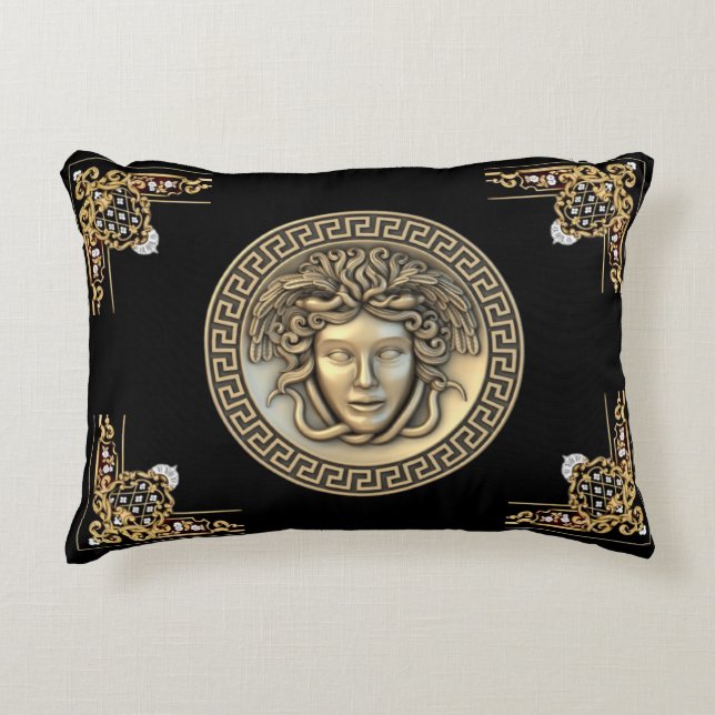 Medusa och Grekiska Nyckel Guld Aubusson Designer Prydnadskudde (Framsidan)