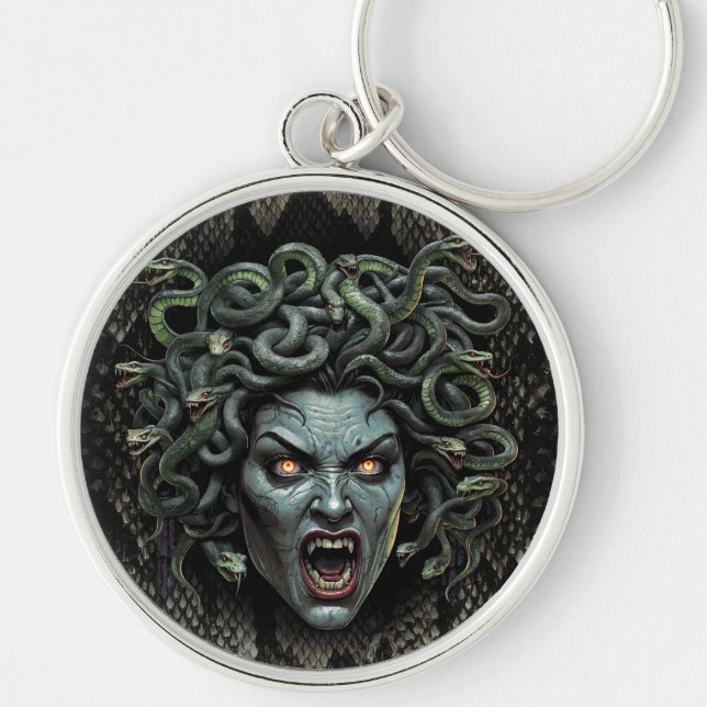 Medusa Queen of Stone Keychain Rund Silverfärgad Nyckelring (Framsidan)