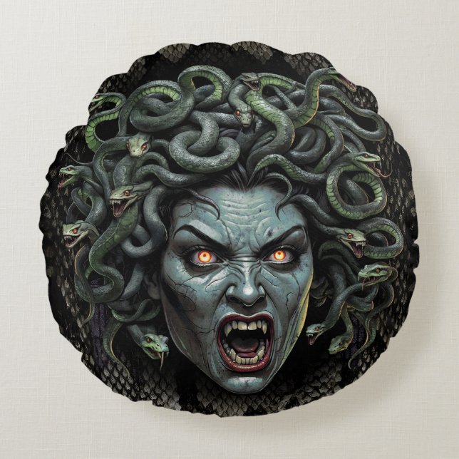 Medusa Queen of Stone Pillow (Rund) Rund Kudde (Framsidan)