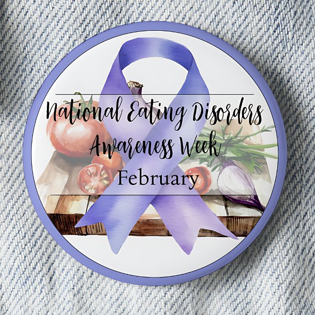 Medvetandegörande av nationella matsjukdomar Vecka Knapp (National Eating Disorders Awareness Week. February.  Periwinkle awareness ribbon. Food.)