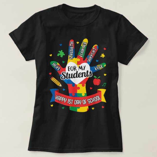 Medveten för Autism Teacher Back to school First D T Shirt (Design framsida)