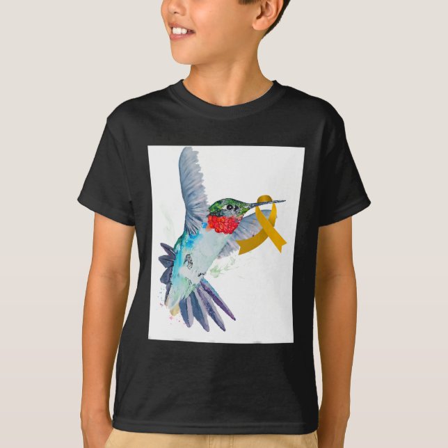 Medveten om hummingbird och Guld Ribbon Childature T Shirt (Framsida)