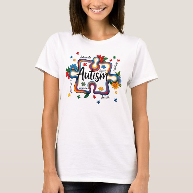 Medvetenhet om autism Blommig pusselbit Värdighet  T Shirt (Framsida)