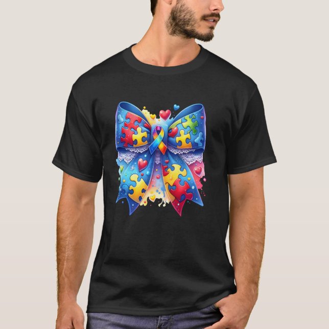 Medvetenhet om autism Coquette Bow Pussel Bow Kvin T Shirt (Framsida)