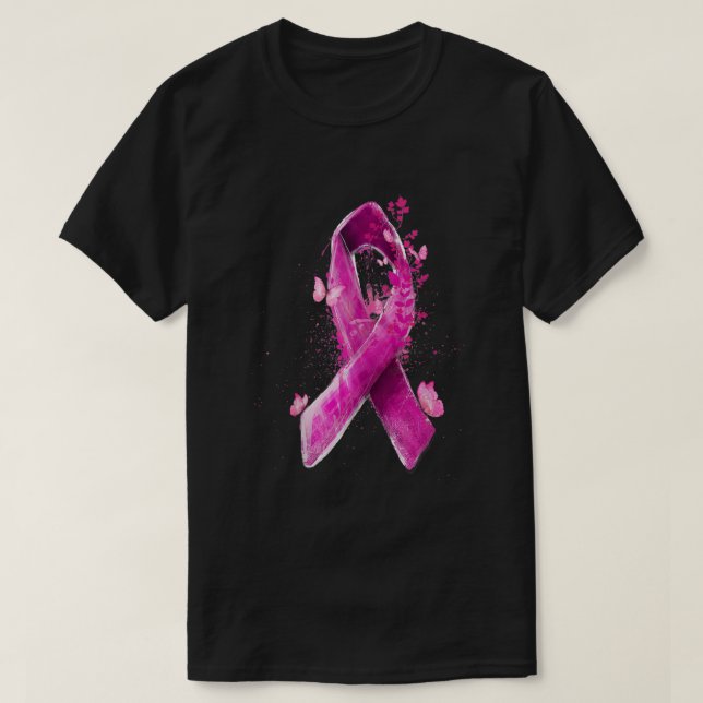Medvetenhet om bröstcancer vid Rosa av fjäril-fjär T Shirt (Design framsida)