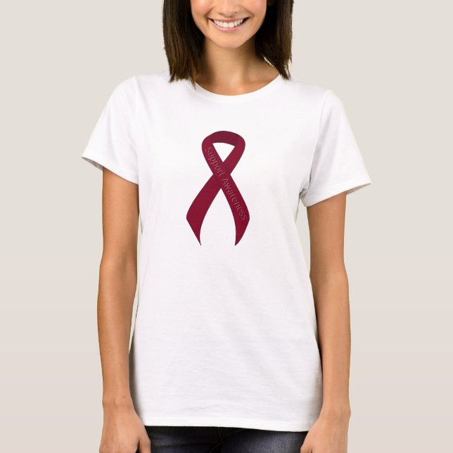 Medvetenhet om Burgundy Ribbon Support T Shirt (Framsida)
