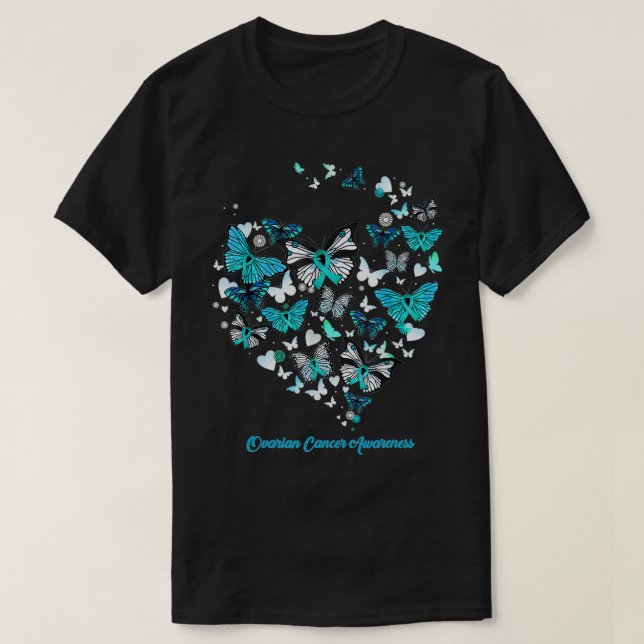 Medvetenhet om cancer i Butterfly Blue Heart Ovari T Shirt (Design framsida)