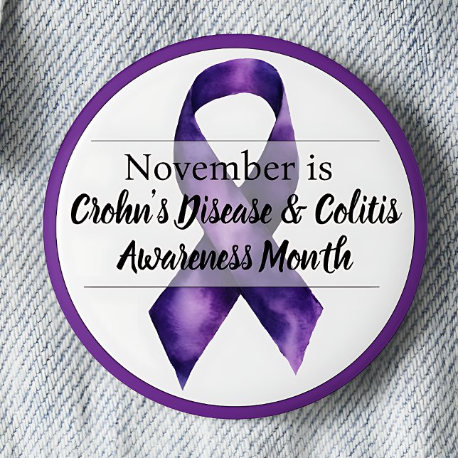 Medvetenhet om Crohns sjukdom och kolit Månad i no Knapp (November Purple Ribbon Crohn's Disease & Colitis Awareness Month pinback button.)