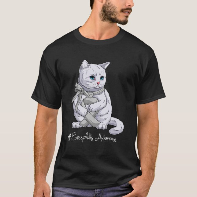 Medvetenhet om Encefalit Månad Silver Ribbon Cat T Shirt (Framsida)