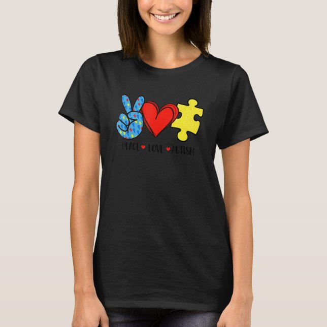 Medvetenhet om fred Kärlek Autism Pussel Ribbon Au T Shirt (Framsida)