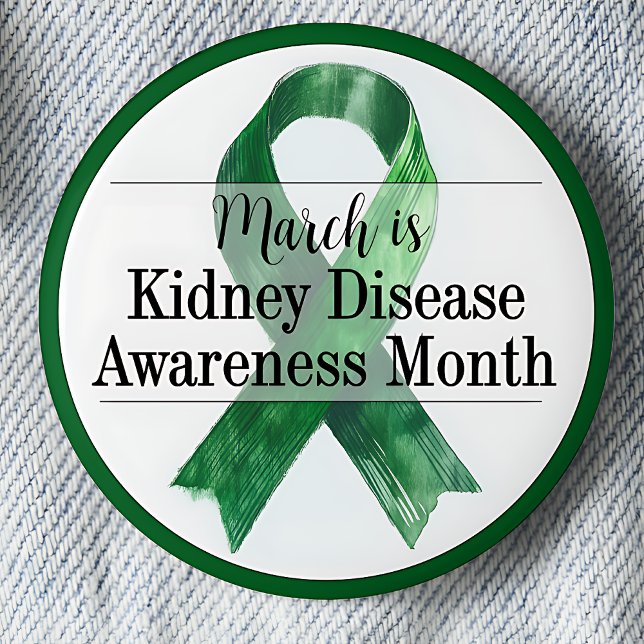 Medvetenhet om njursjukdom i mars månad knapp (March is Kidney Disease Awareness month pinback button.  Green awareness ribbon.)