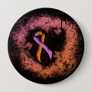 Medvetenhet om Orchid och Orange Ribbon Grunge Hea Knapp