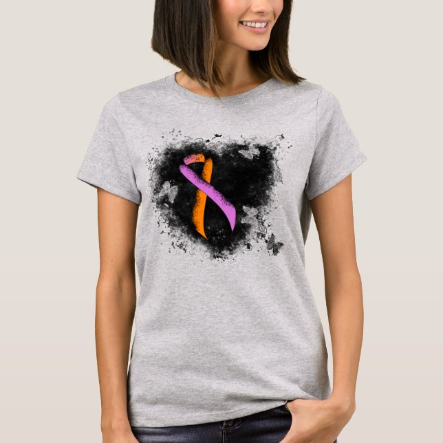 Medvetenhet om Orchid och Orange Ribbon Grunge Hea T-shirt (Framsida)