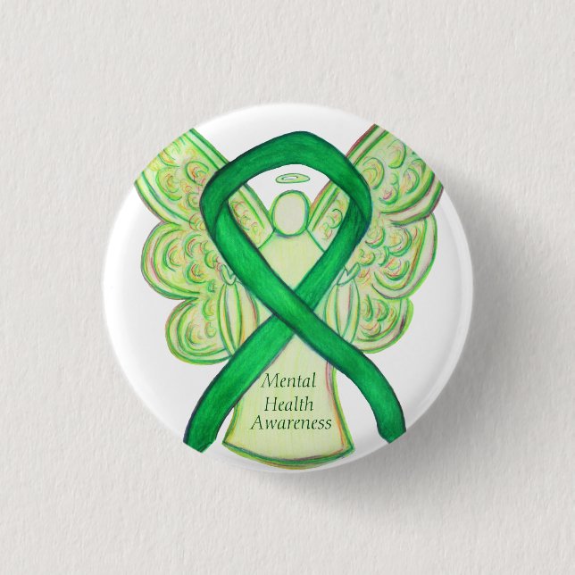 Medvetenhet om psykisk Grönt Ribbon Angel Pin Knapp (Framsida)