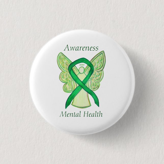 Medvetenhet om psykisk Grönt Ribbon Angel Pin Knapp (Framsida)