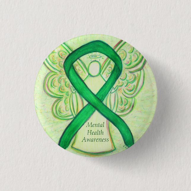 Medvetenhet om psykisk Grönt Ribbon Angel Pin Knapp (Framsida)