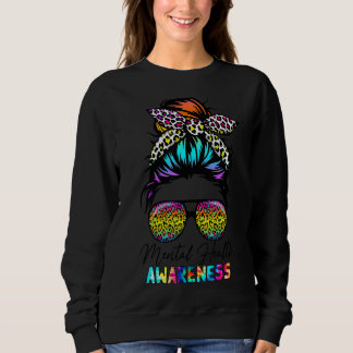 Medvetenhet om psykisk hälsa Leopard Messy Bun Sun T Shirt