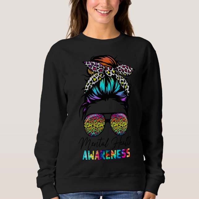 Medvetenhet om psykisk hälsa Leopard Messy Bun Sun T Shirt (Framsida)