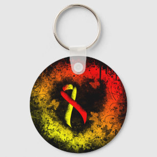 Medvetenhet om rött och Gult Ribbon Grunge Heart Nyckelring