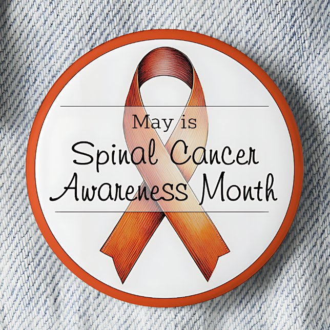 Medvetenhet om spinal cancer månad knapp (May is Spinal Cancer Awareness Month pinback button. Orange awareness ribbon.)