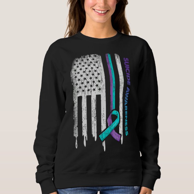 Medvetenhet om USA flagga Lila & Teal Ribbon Suici T Shirt (Framsida)