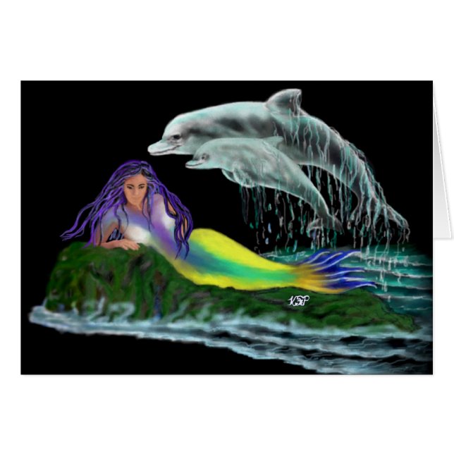 Meerjungfrau mit Delfinen Hälsningskort (Framsidan Horizontal)