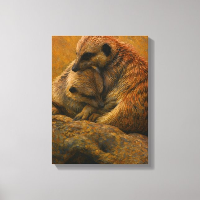 Meerkat Cuddle - Earth-Toned Wildlife Painting Canvastryck (Framsida)