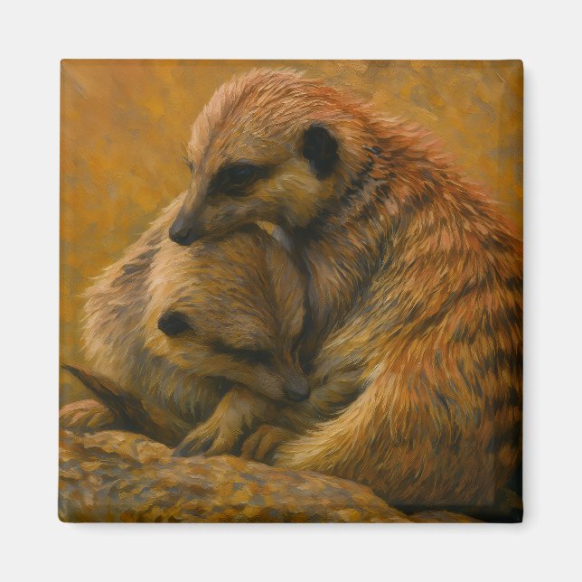 Meerkat Cuddle - Earth-Toned Wildlife Painting Magnet (Framsidan)