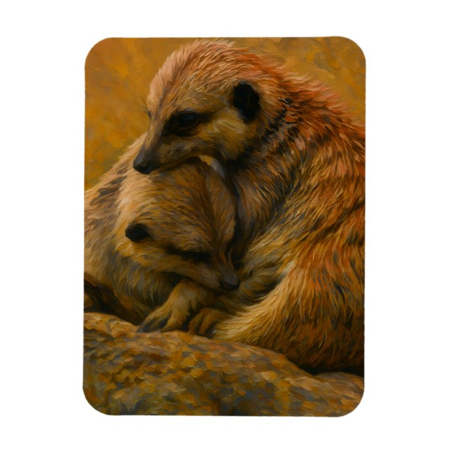 Meerkat Cuddle - Earth-Toned Wildlife Painting Magnet (Vertikal)