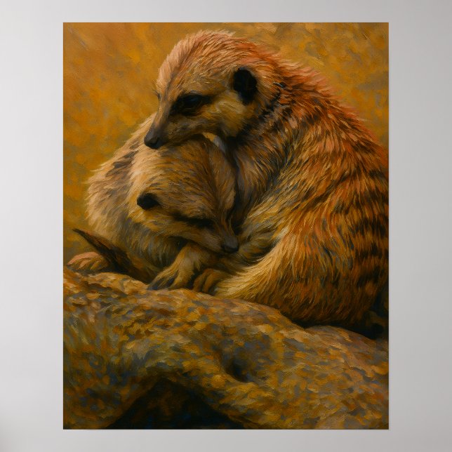 Meerkat Cuddle - Earth-Toned Wildlife Painting Poster (Framsidan)
