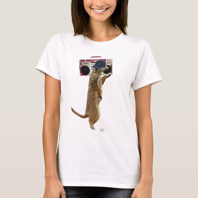 Meerkat med Boom Box Ghetto Blaster 2 Tee Shirt (Framsida)