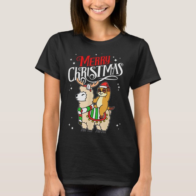 Meerkat Merry Christmas Reindeer Llama Riding Meer T Shirt (Framsida)
