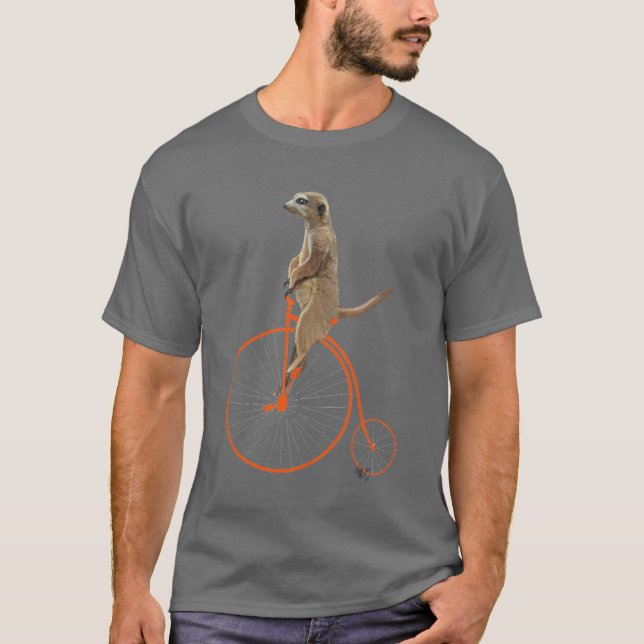 Meerkat på Orange Penny Farthing T Shirt (Framsida)