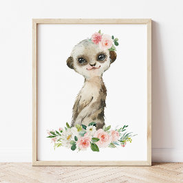 Meerkat, Safari, Rosa Flowers, Girl Nursery Poster